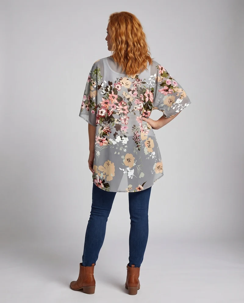 Damen Chiffon-Kimono-Überwurf Floraler Druck Fledermausärmel Offen