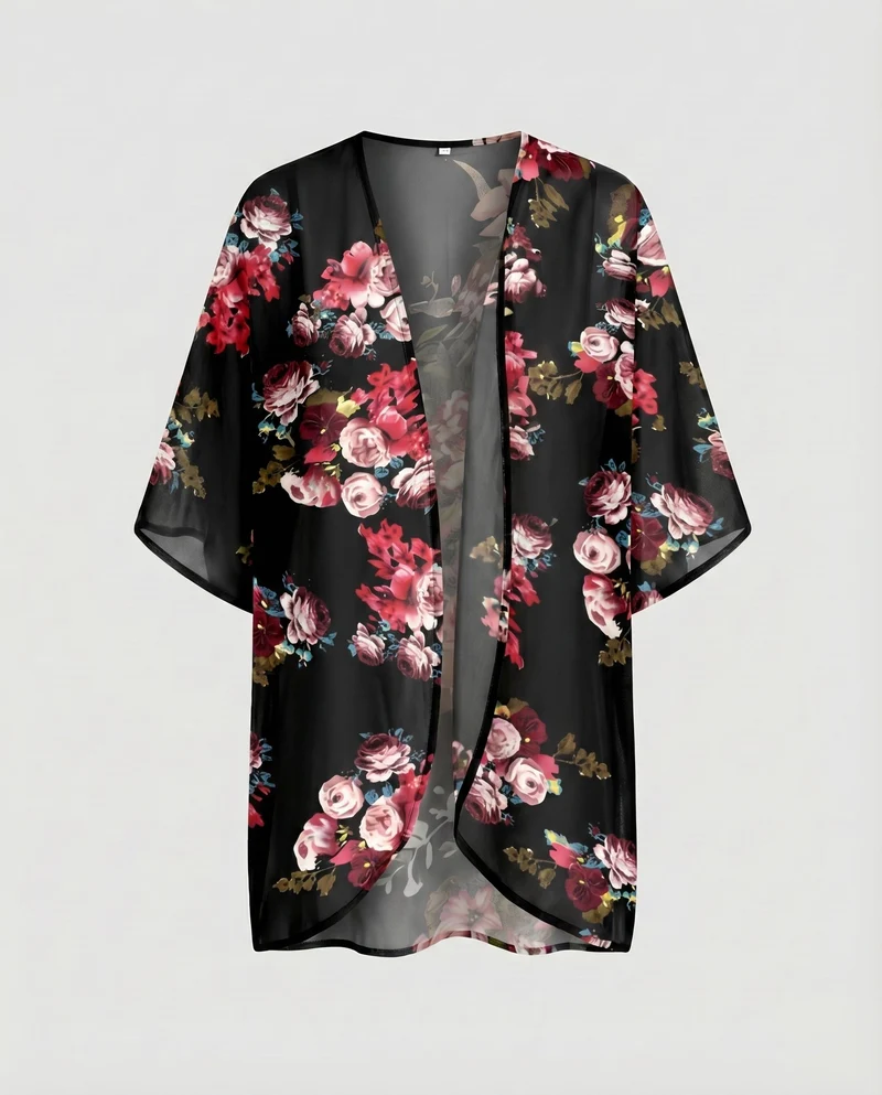 Damen Chiffon-Kimono-Überwurf Floraler Druck Fledermausärmel Offen