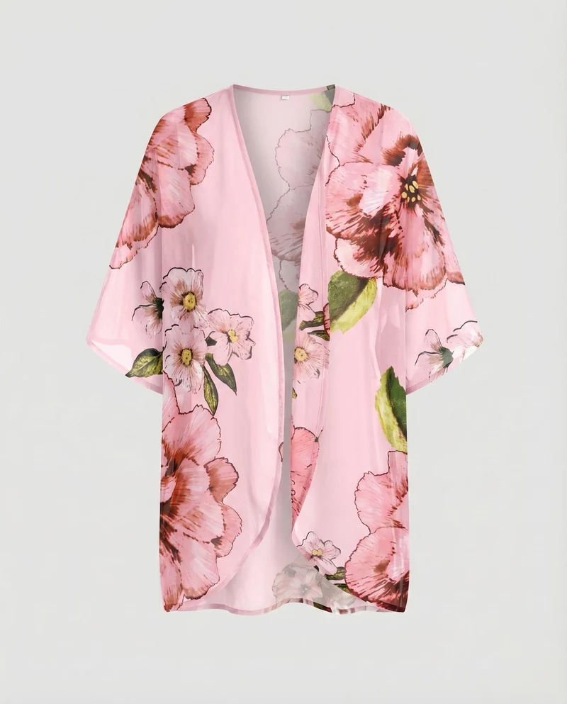 Damen Chiffon-Kimono-Überwurf Floraler Druck Fledermausärmel Offen