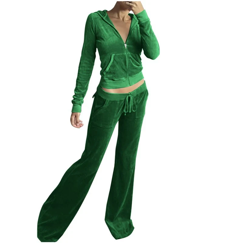 Damen Samtvelours Cropped-Zipjacke mit Kängurutasche und hochgeschnittener Bündchenhose Nord Taschen