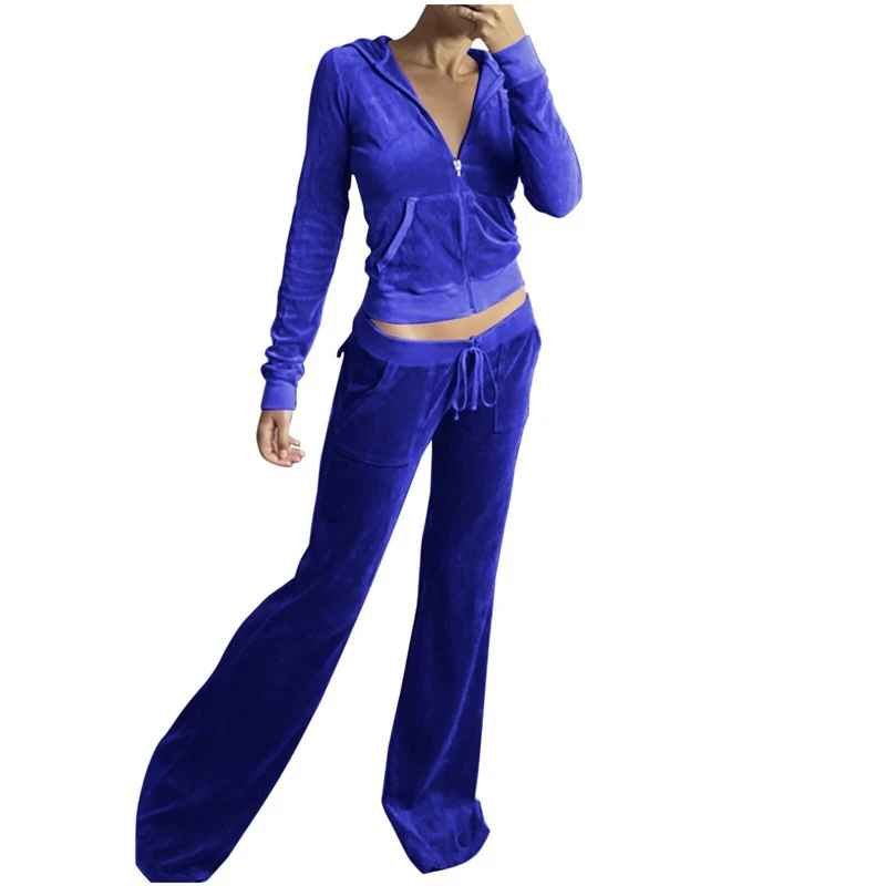 Damen Samtvelours Cropped-Zipjacke mit Kängurutasche und hochgeschnittener Bündchenhose Nord Taschen