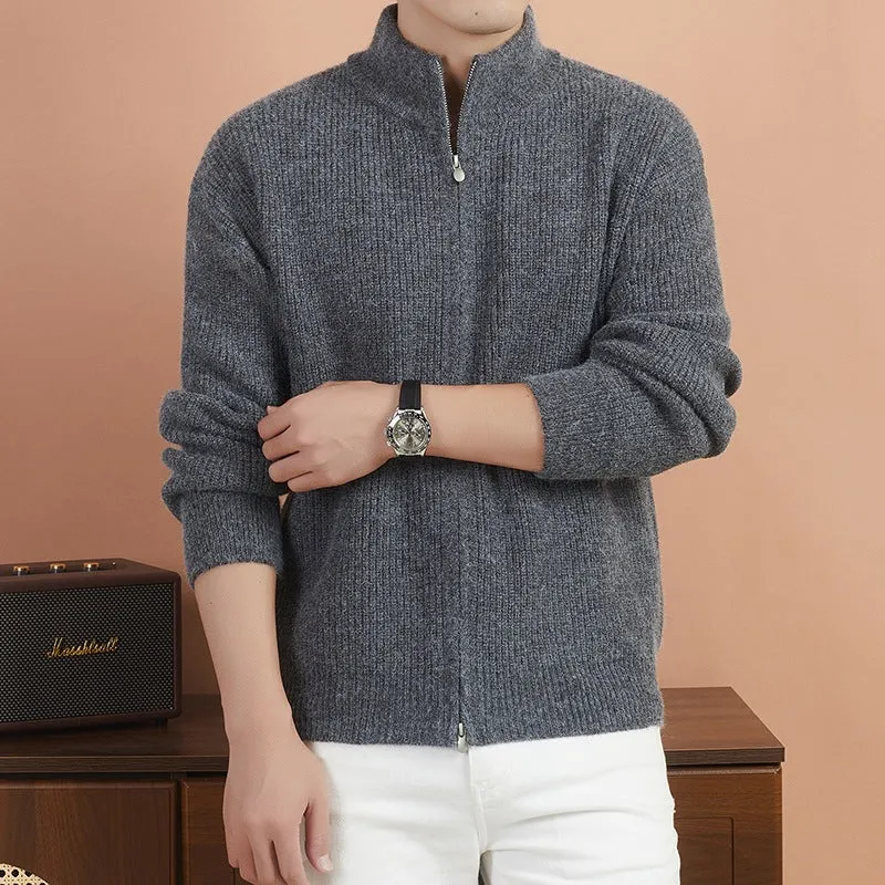 Herren Kuscheliger Zip-Pullover aus Mohair-Mix mit feiner Rippstruktur und Stehkragen Nord Taschen