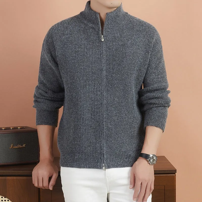 Herren Kuscheliger Zip-Pullover aus Mohair-Mix mit feiner Rippstruktur und Stehkragen Nord Taschen