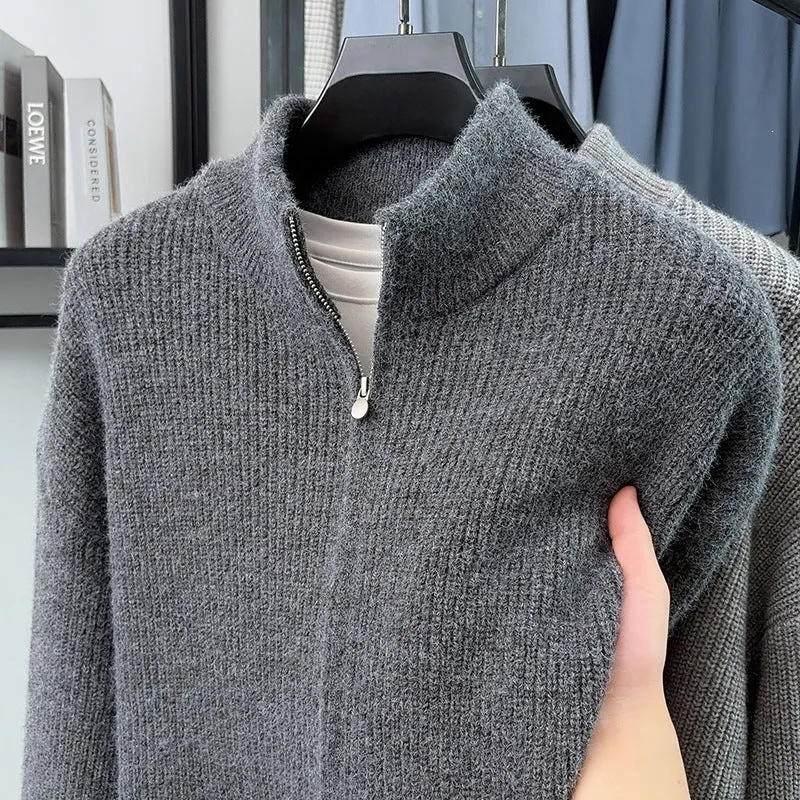 Herren Kuscheliger Zip-Pullover aus Mohair-Mix mit feiner Rippstruktur und Stehkragen Nord Taschen