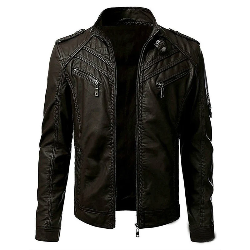 Herren Kunstleder-Bikerjacke mit Stehkragen, Ziernähten und Reißverschlusstaschen Nord Taschen