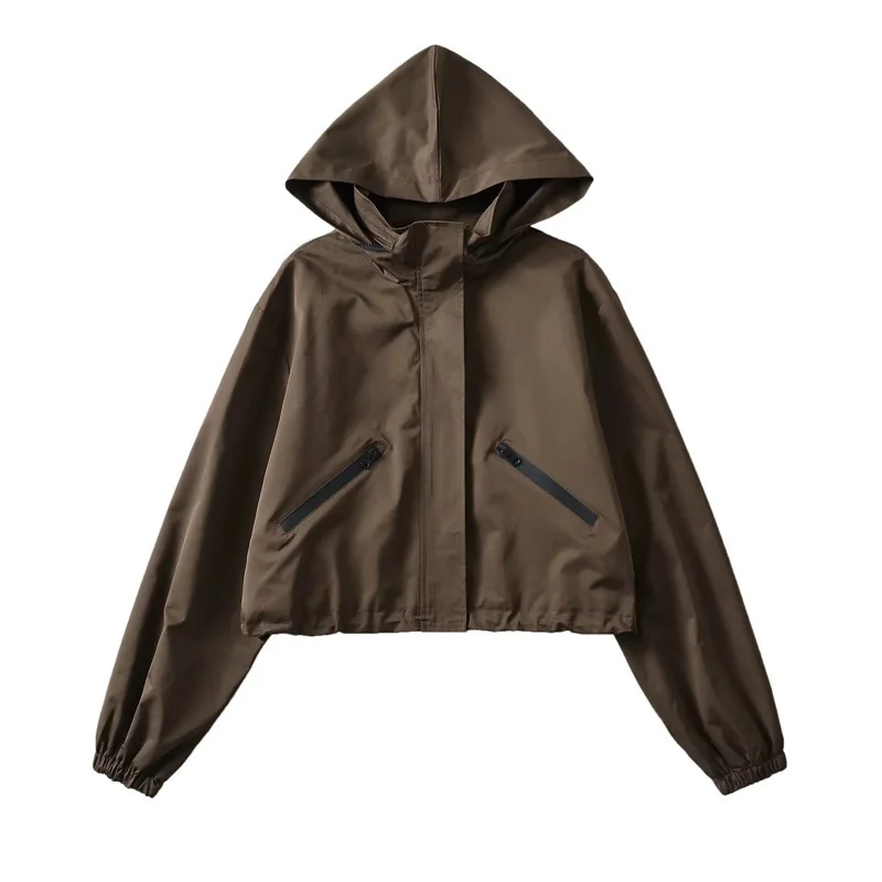 Damen Cropped Regenjacke mit Kapuze, wasserabweisender Tech‑Qualität und schrägen Reißverschlusstaschen Nord Taschen