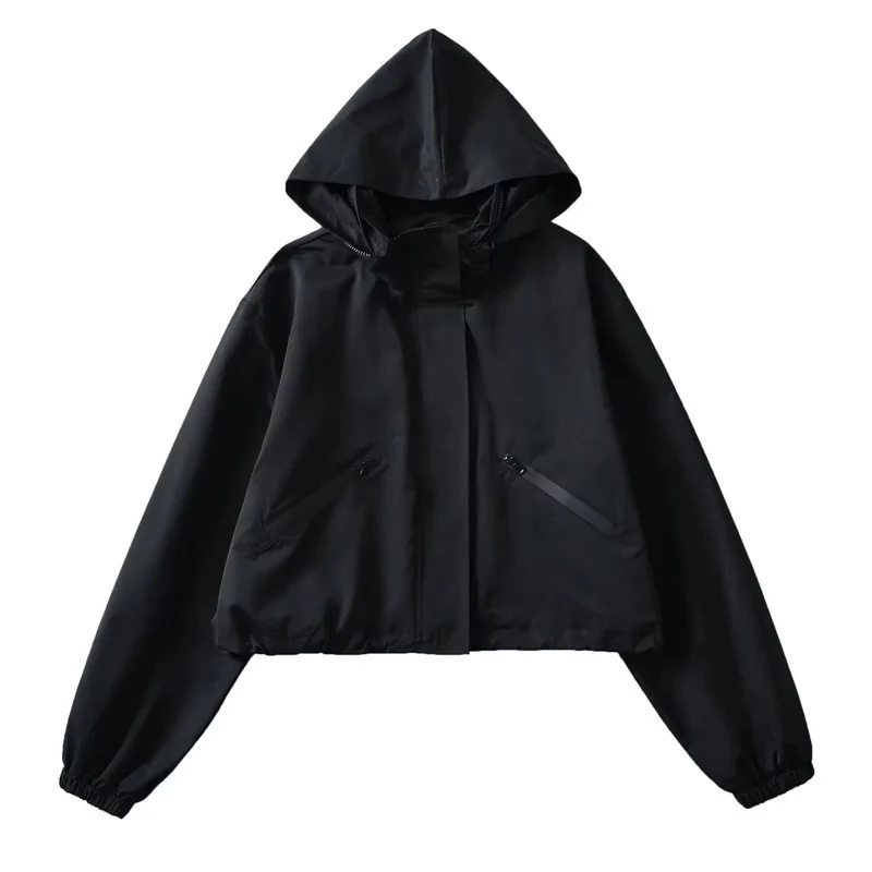 Damen Cropped Regenjacke mit Kapuze, wasserabweisender Tech‑Qualität und schrägen Reißverschlusstaschen Nord Taschen