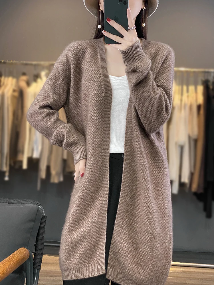 Damen Langer Offener Strickcardigan mit Samenmuster und gerippten Abschlüssen Nord Taschen