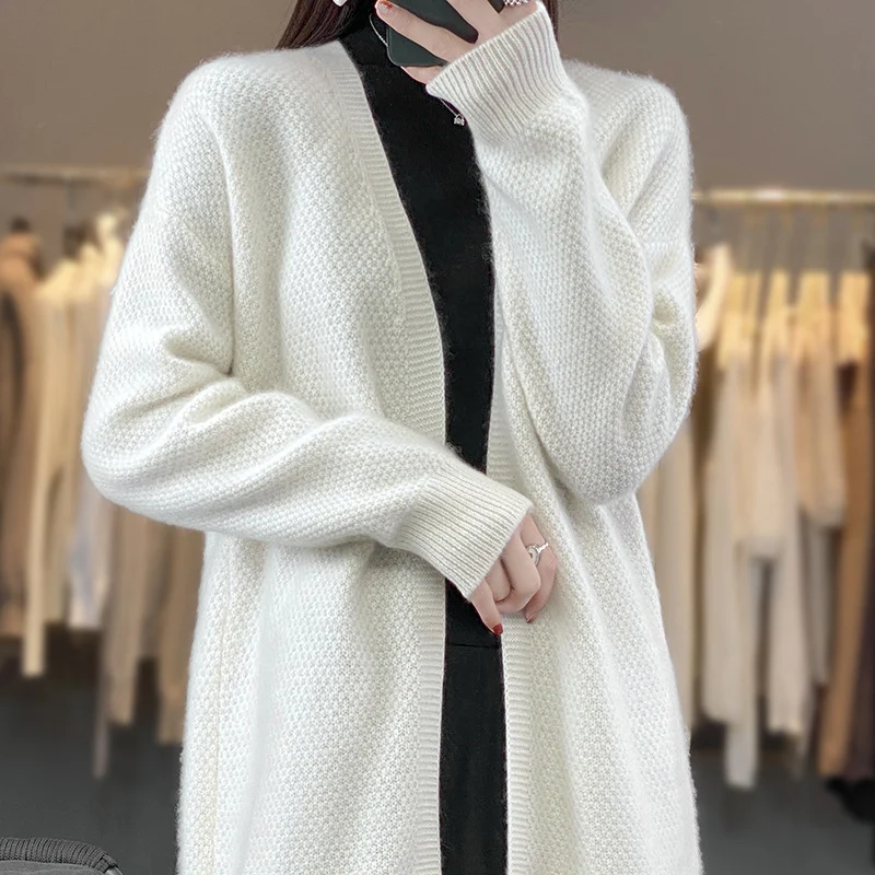 Damen Langer Offener Strickcardigan mit Samenmuster und gerippten Abschlüssen Nord Taschen