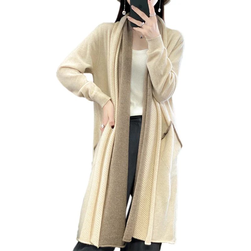 Damen Langer offener Cardigan in Kaschmir‑Look mit Schalkragen und Eingriffstaschen Nord Taschen