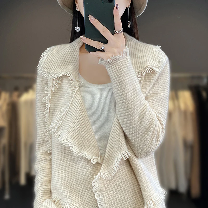 Damen Langer Fransen‑Strickcardigan mit großem Schalkragen und feiner Rippenstruktur Nord Taschen