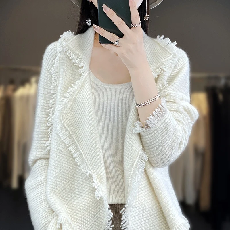 Damen Langer Fransen‑Strickcardigan mit großem Schalkragen und feiner Rippenstruktur Nord Taschen