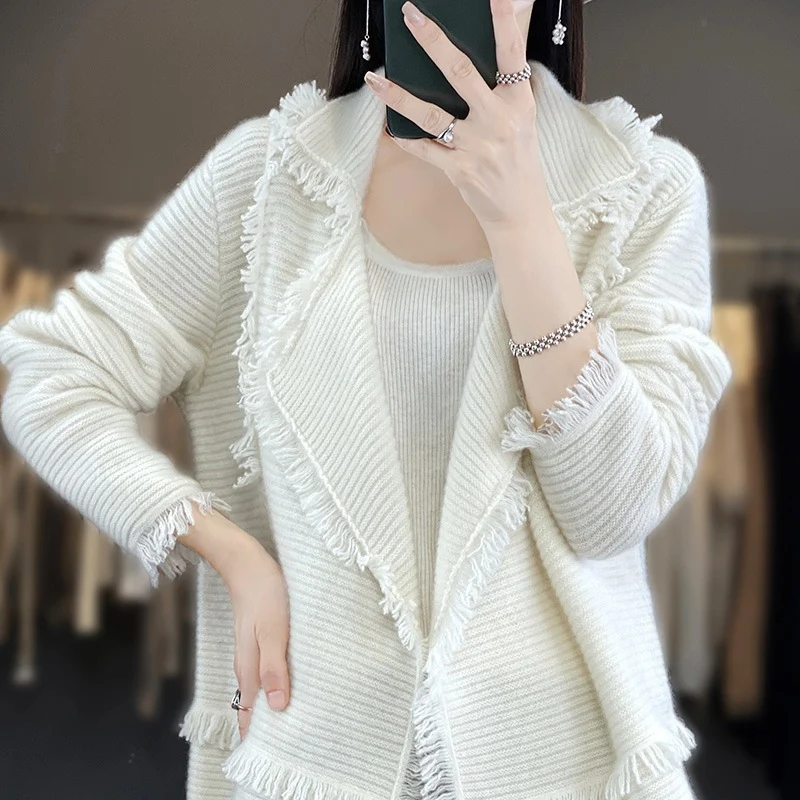 Damen Langer Fransen‑Strickcardigan mit großem Schalkragen und feiner Rippenstruktur Nord Taschen