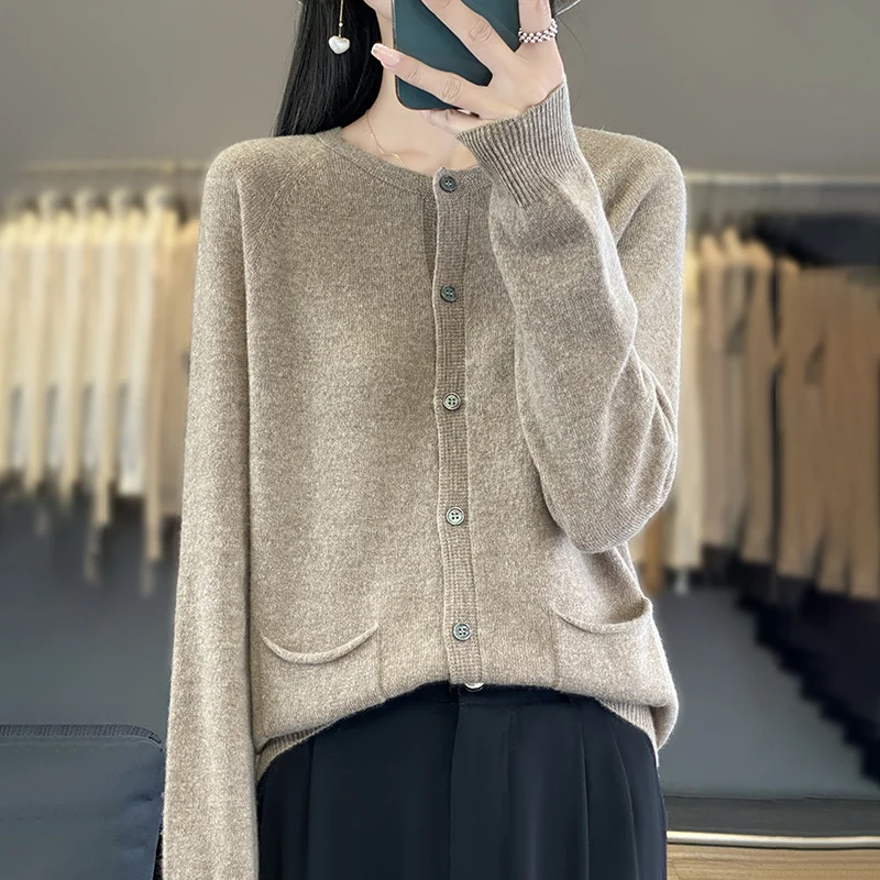 Damen Langer Feinstrick-Cardigan mit Rundhalsausschnitt, Eingrifftaschen und Alpaka-Mix Nord Taschen