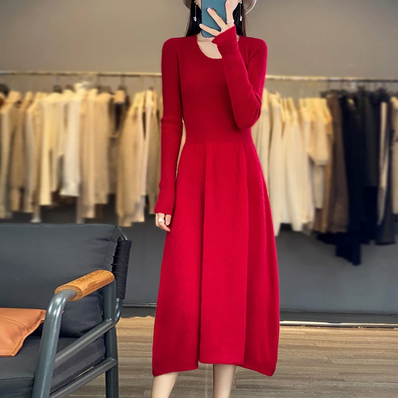 Damen Langärmeliges Midikleid aus Feinstrick mit taillierter A‑Linien‑Silhouette Nord Taschen