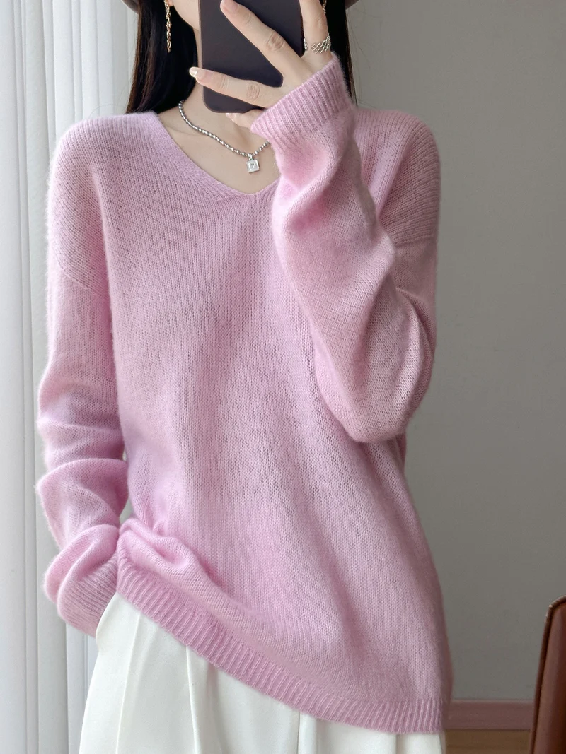 Damen Oversize-Feinstrickpullover mit feinem V-Ausschnitt und verlängertem Ärmelabschlusst Nord Taschen
