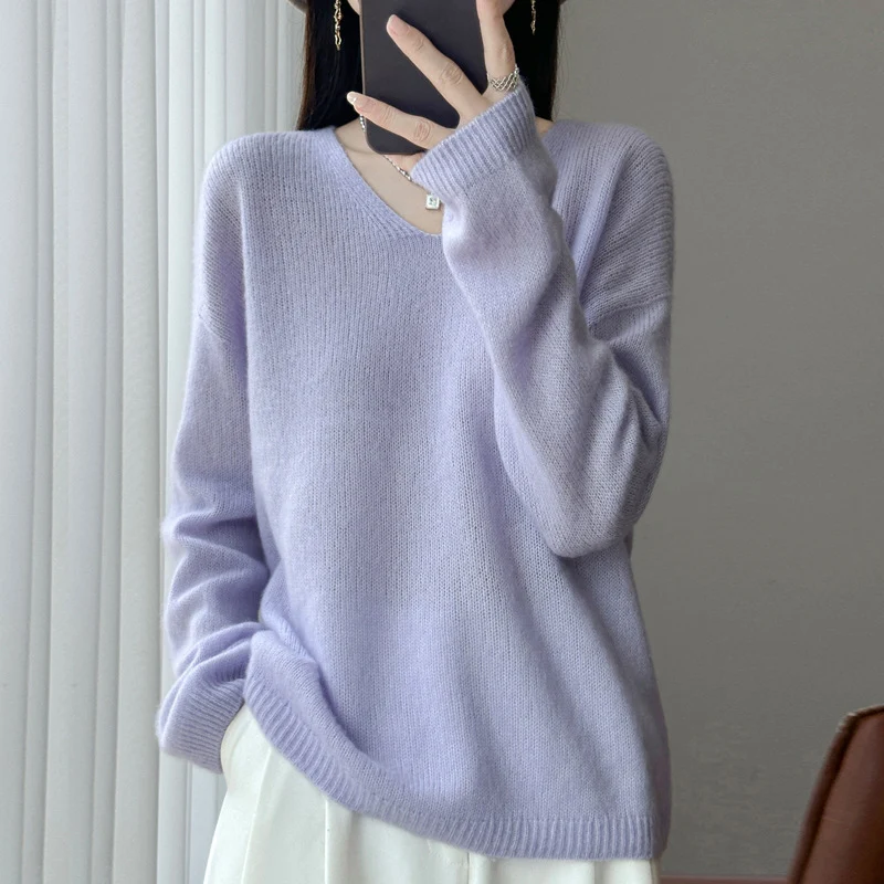 Damen Oversize-Feinstrickpullover mit feinem V-Ausschnitt und verlängertem Ärmelabschlusst Nord Taschen
