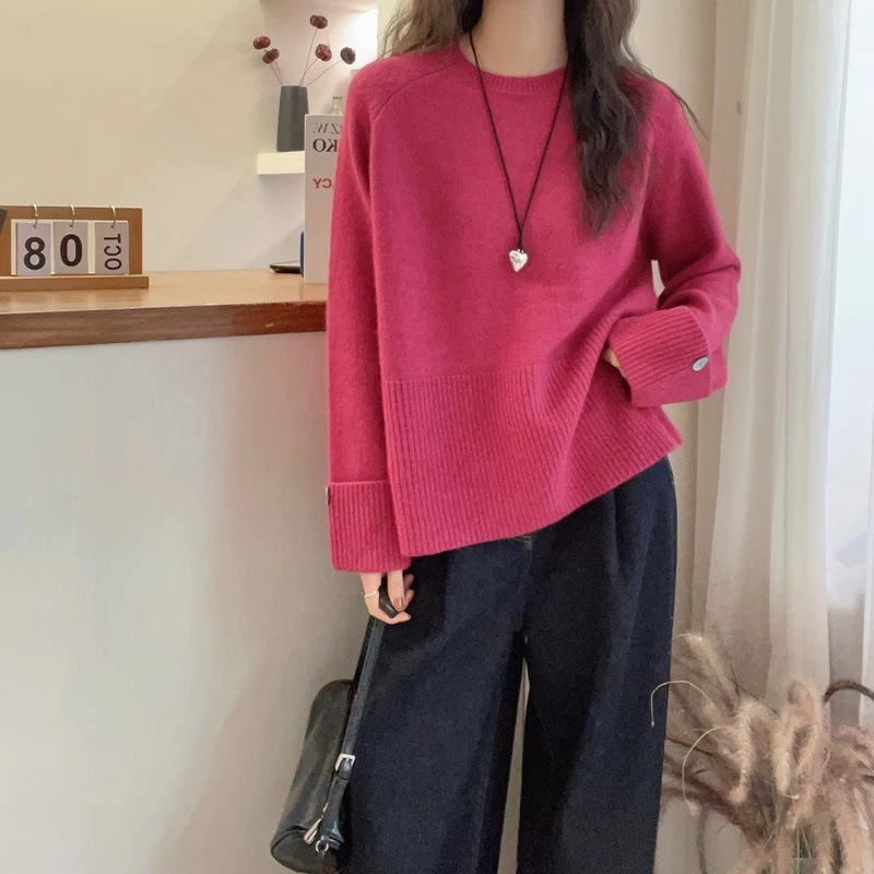 Damen Oversize‑Feinstrickpullover mit breitem Rippbund, extraweiten Ärmelabschlüssen und Zierknopf Nord Taschen