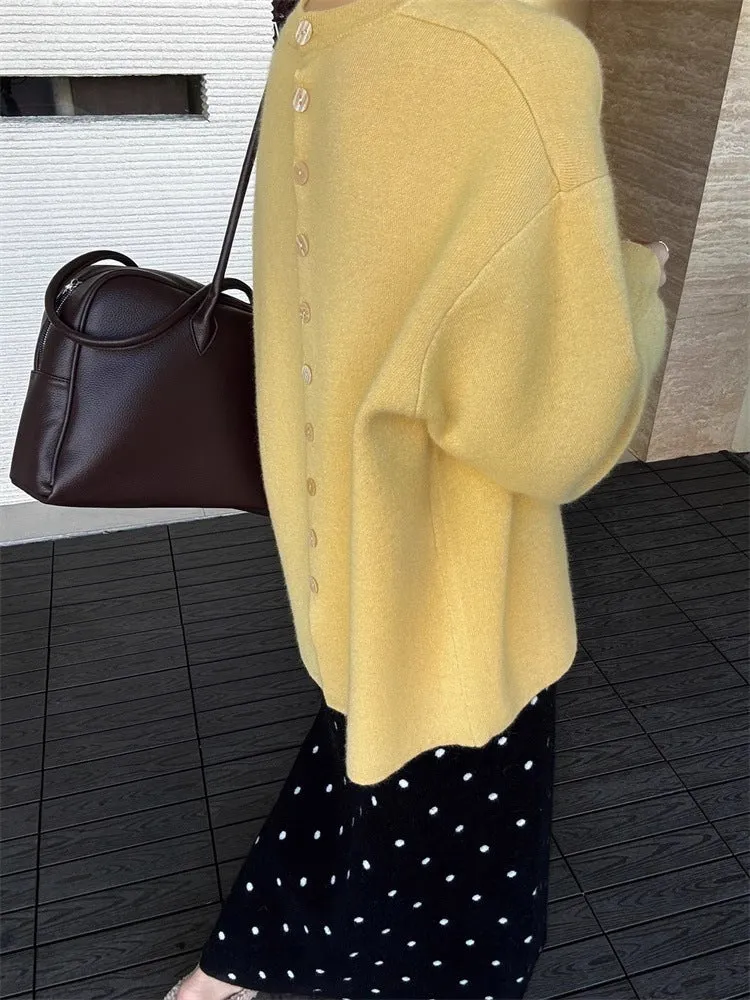 Damen Oversize-Feinstrickpullover mit Ballonärmeln und Knopfmanschette Nord Taschen
