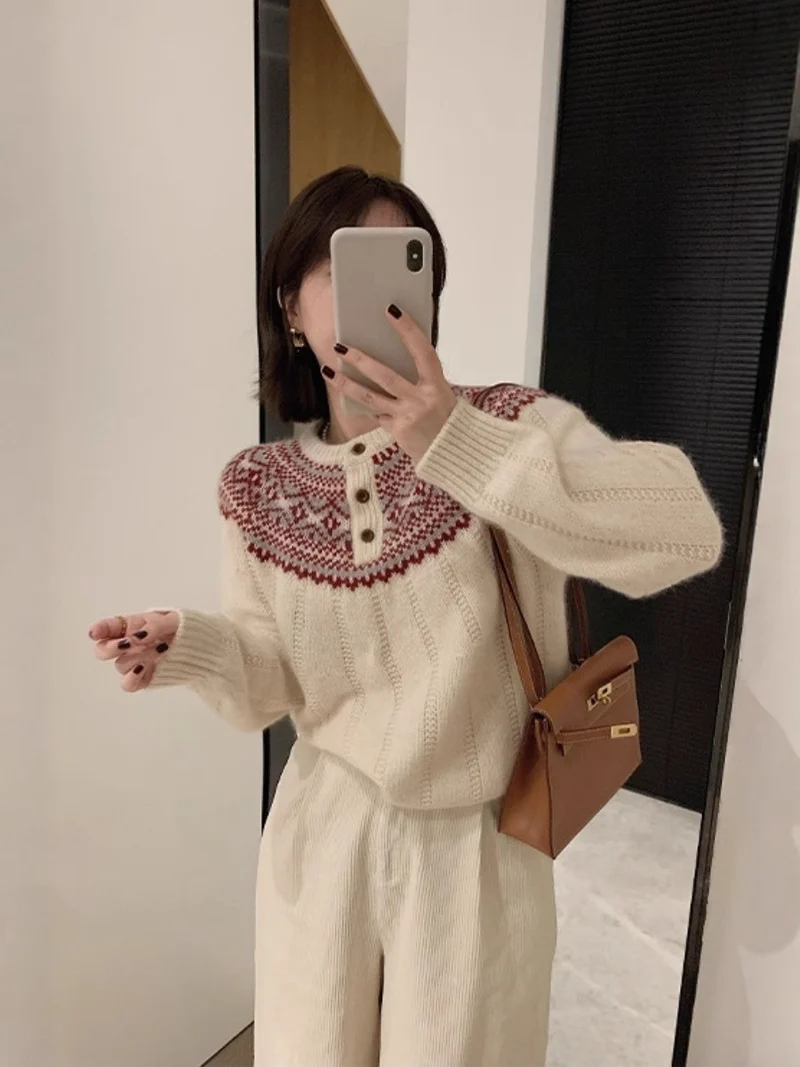 Damen Norwegermuster-Rundpassepullover mit Knopfleiste und Mohair‑Look Nord Taschen