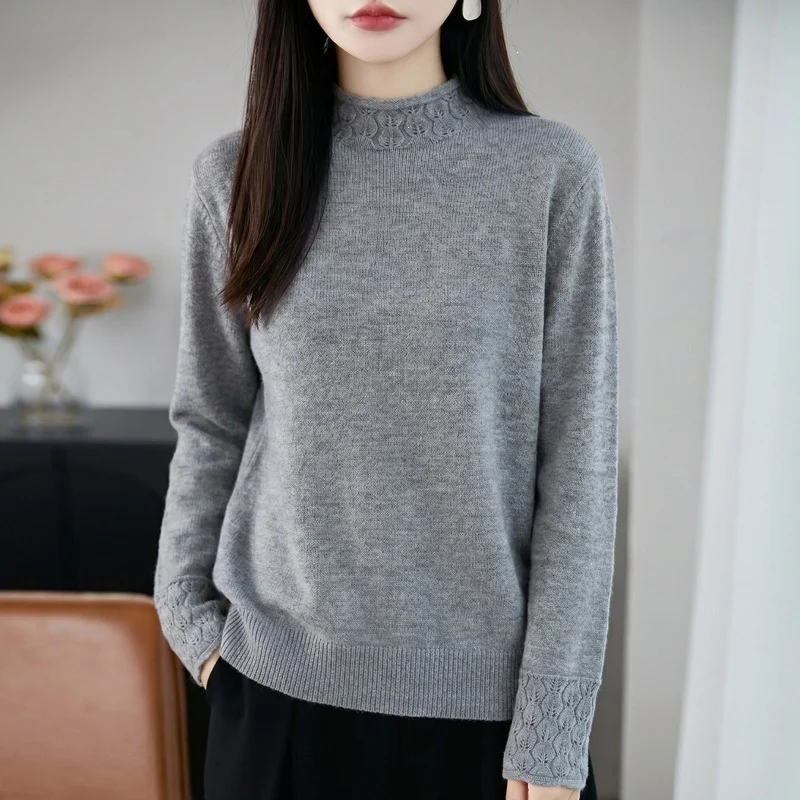 Damen Mockneck-Feinstrickpullover mit Ajour-Detail an Kragen und Bündchen Nord Taschen