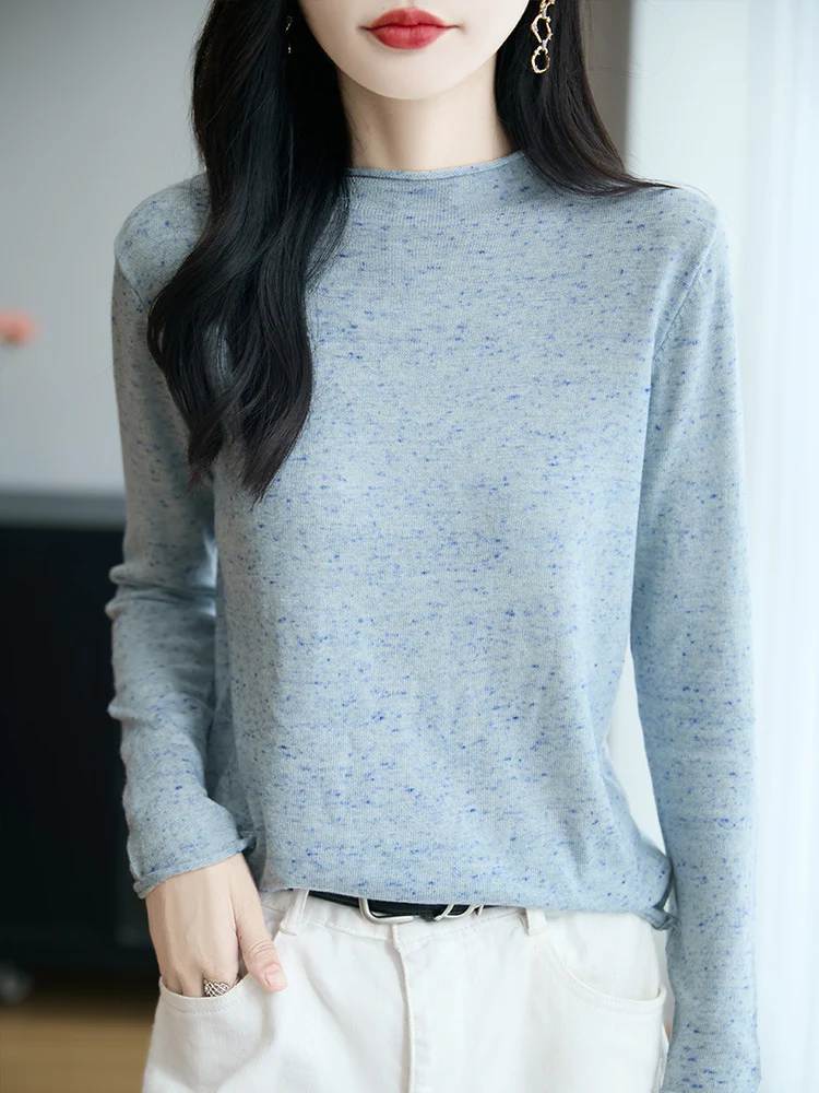 Damen Minimalistischer Nep-Strick-Longsleeve mit kurzem Stehkragen Nord Taschen