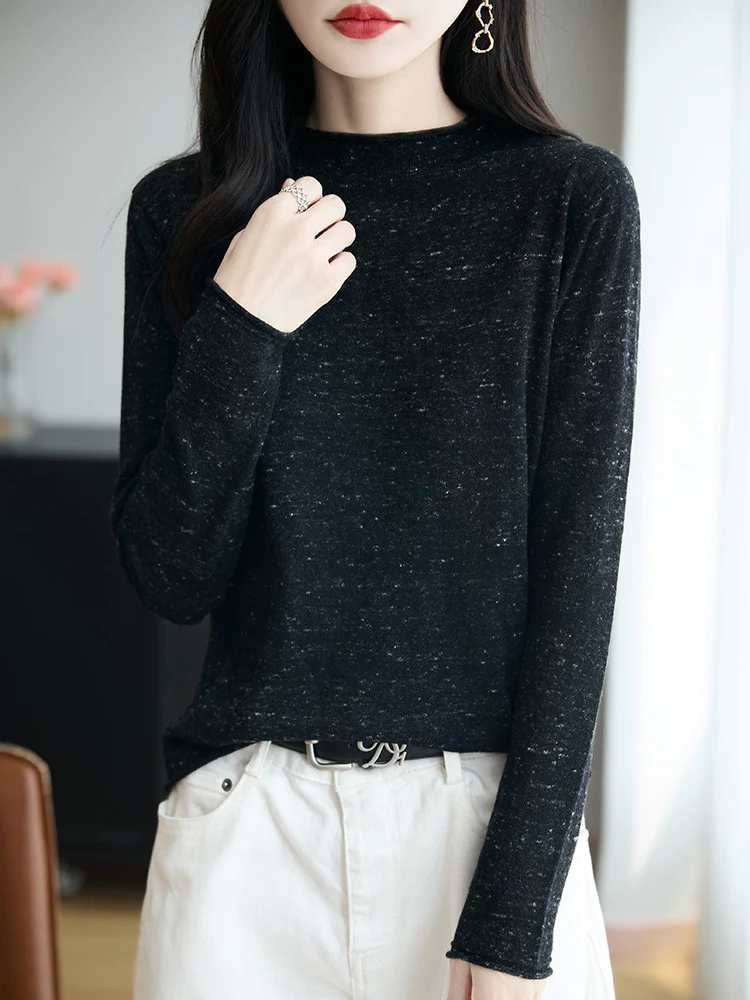 Damen Minimalistischer Nep-Strick-Longsleeve mit kurzem Stehkragen Nord Taschen