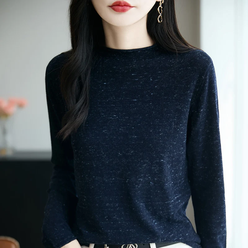 Damen Minimalistischer Nep-Strick-Longsleeve mit kurzem Stehkragen Nord Taschen