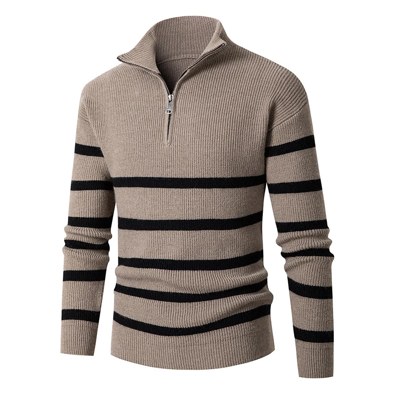 Herren Maritime Streifen-Mockneck-Pullover mit Halbzip und geripptem Feinstrick Nord Taschen