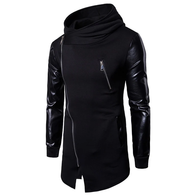 Herren Longline Kapuzen‑Sweatshirt mit asymmetrischem Reißverschluss und Kunstlederärmeln Nord Taschen