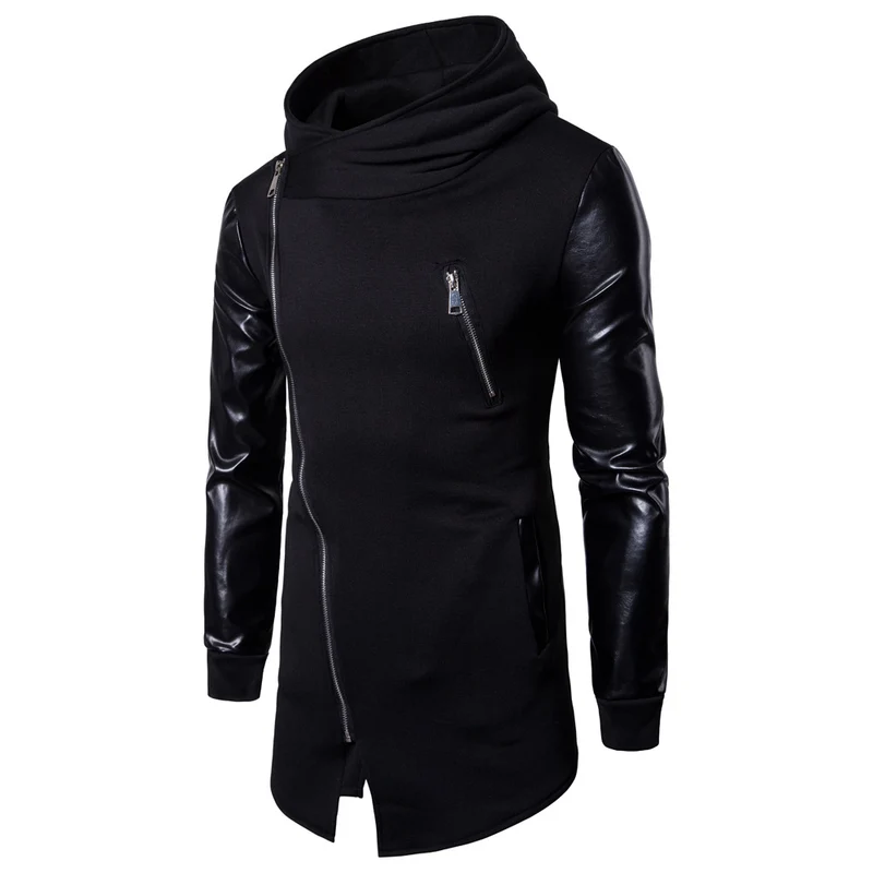 Herren Longline Kapuzen‑Sweatshirt mit asymmetrischem Reißverschluss und Kunstlederärmeln Nord Taschen