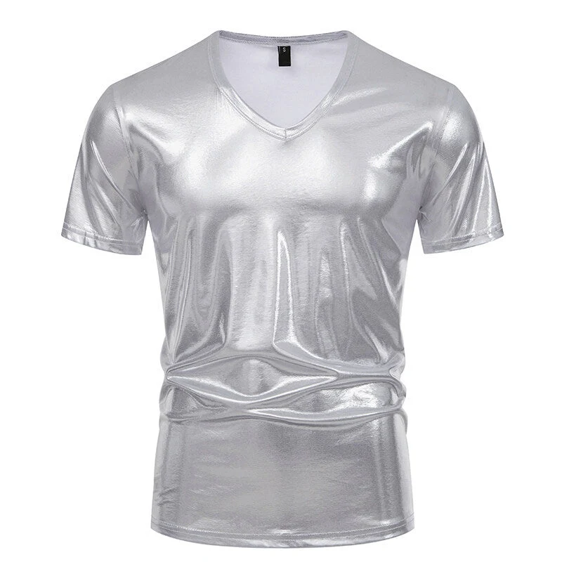 Herren V-Ausschnitt T-Shirt aus glänzendem Material mit persönlichem Stil
