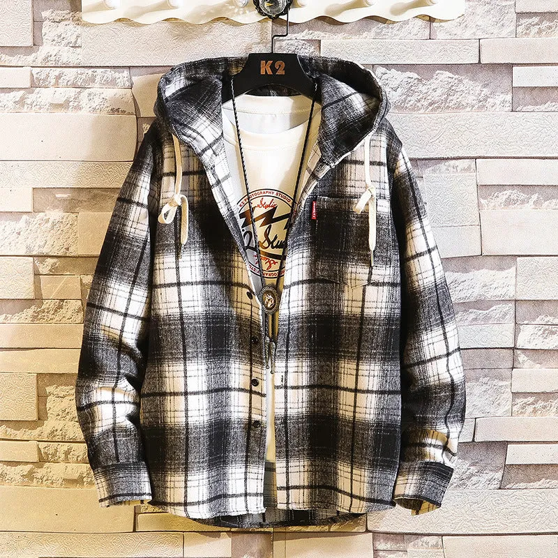Herren Karo‑Flanell‑Hoodie‑Overshirt mit Kapuze, Brusttasche und Knopfleiste Nord Taschen