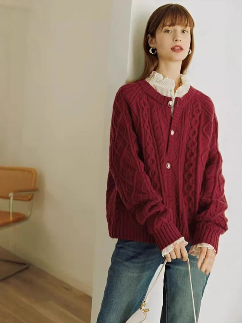 Damen Kuscheliger Zopf- und Rautenstrick-Cardigan mit Perlmuttknopfblende Nord Taschen