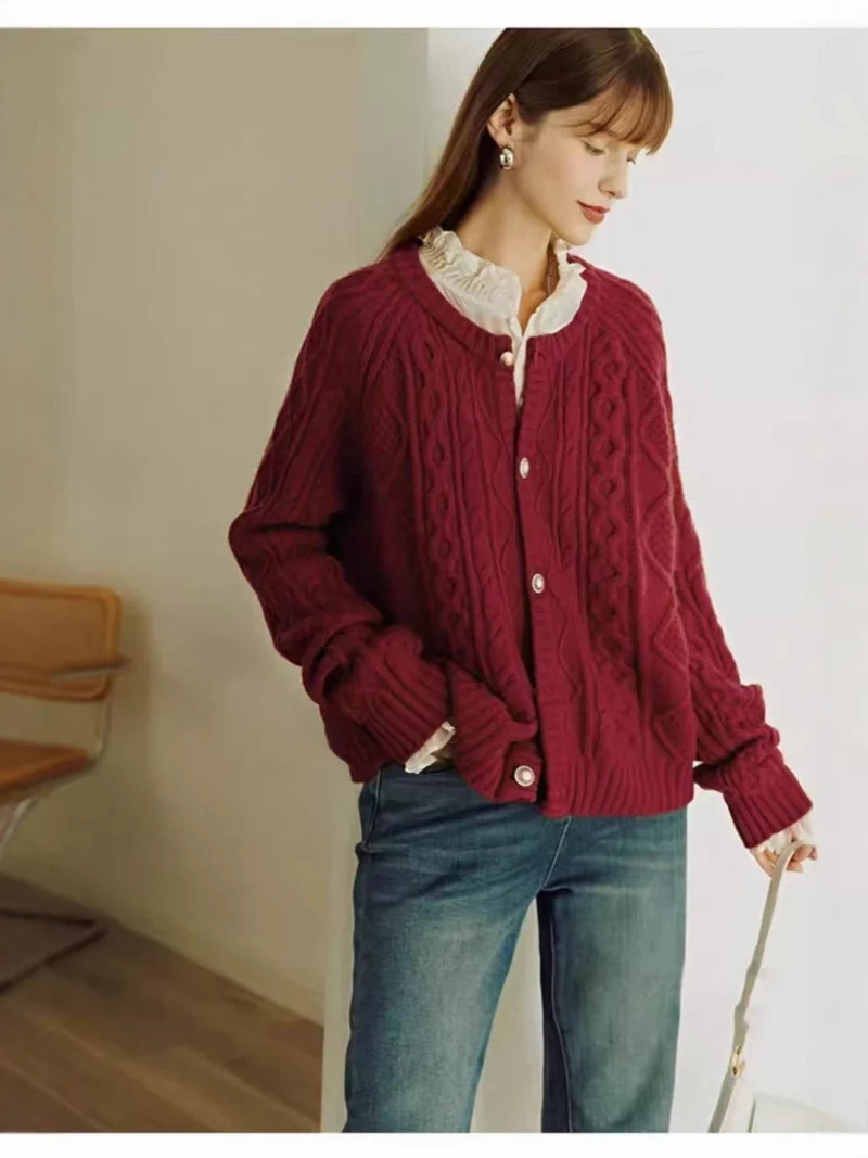 Damen Kuscheliger Zopf- und Rautenstrick-Cardigan mit Perlmuttknopfblende Nord Taschen