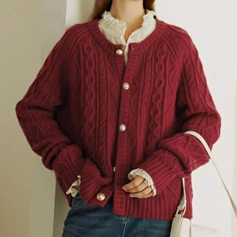 Damen Kuscheliger Zopf- und Rautenstrick-Cardigan mit Perlmuttknopfblende Nord Taschen