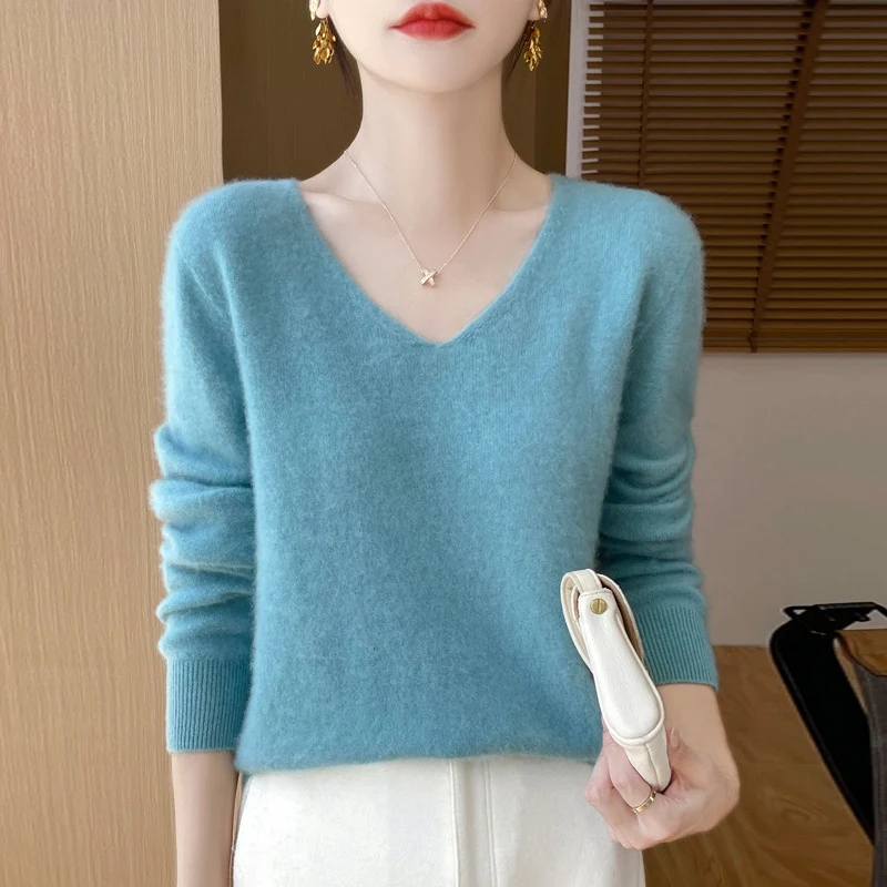 Damen Kuscheliger V‑Ausschnitt Feinstrickpullover aus Mohair‑Mix mit flauschiger Oberfläche Nord Taschen