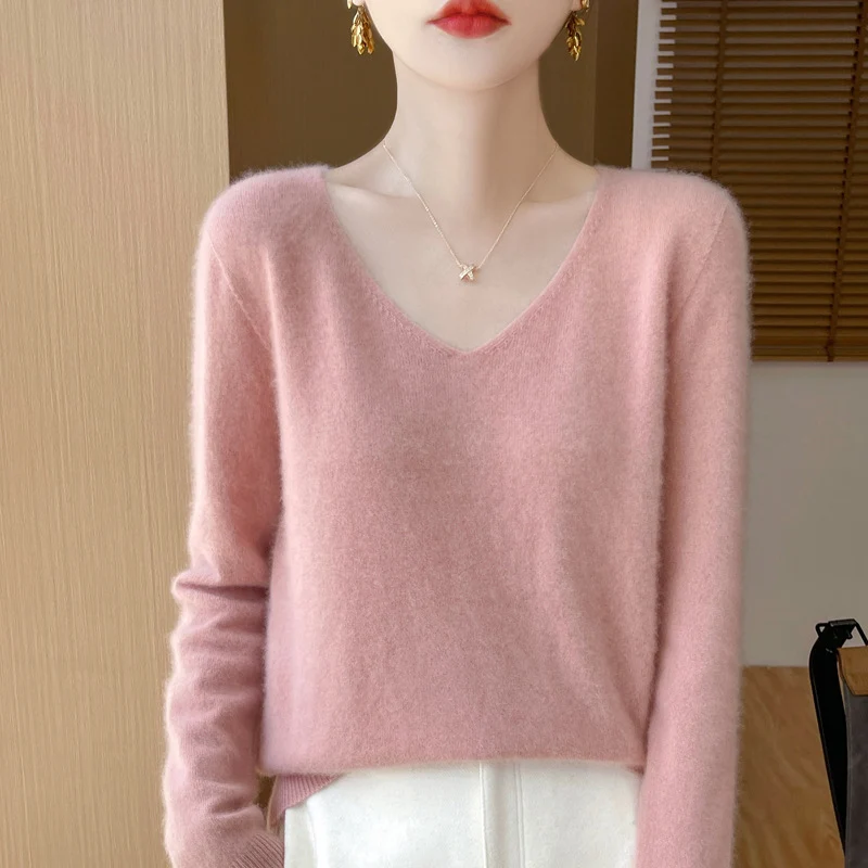 Damen Kuscheliger V‑Ausschnitt Feinstrickpullover aus Mohair‑Mix mit flauschiger Oberfläche Nord Taschen