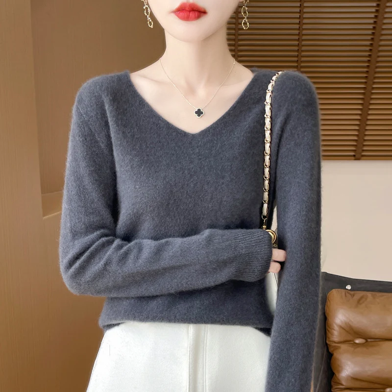 Damen Kuscheliger V‑Ausschnitt Feinstrickpullover aus Mohair‑Mix mit flauschiger Oberfläche Nord Taschen