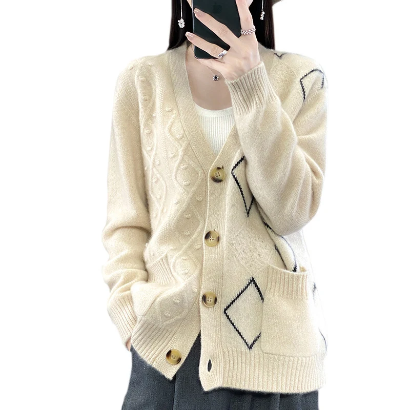 Damen Kuscheliger Oversize-Cardigan mit Ajour‑ und Rautendetail Nord Taschen