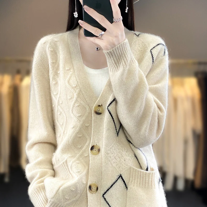 Damen Kuscheliger Oversize-Cardigan mit Ajour‑ und Rautendetail Nord Taschen