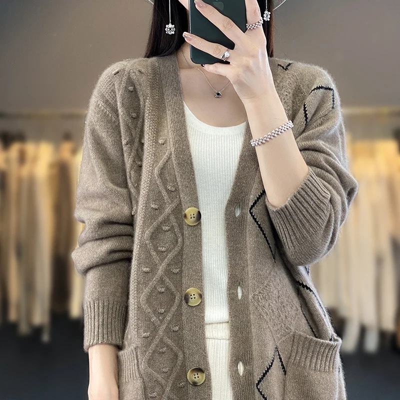 Damen Kuscheliger Oversize-Cardigan mit Ajour‑ und Rautendetail Nord Taschen