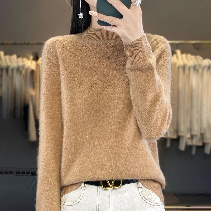 Damen Kuscheliger Mohair‑Optik Pullover mit Zierstruktur am Oberteil und Stehkragen Nord Taschen