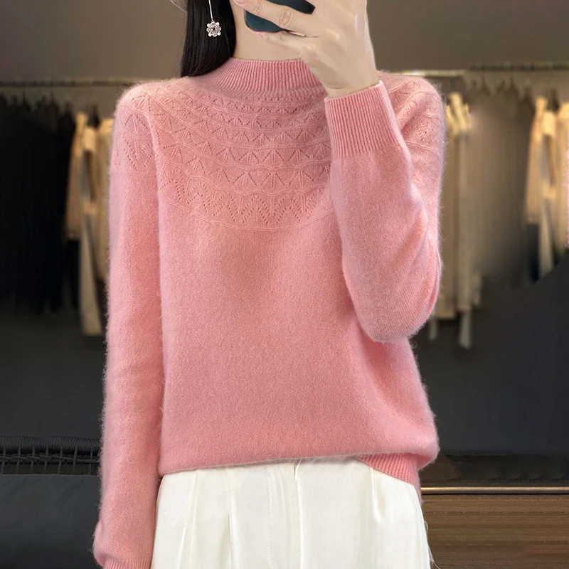 Damen Kuscheliger Mohair‑Optik Pullover mit Zierstruktur am Oberteil und Stehkragen Nord Taschen