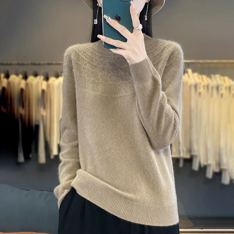 Damen Kuscheliger Mohair‑Optik Pullover mit Zierstruktur am Oberteil und Stehkragen Nord Taschen
