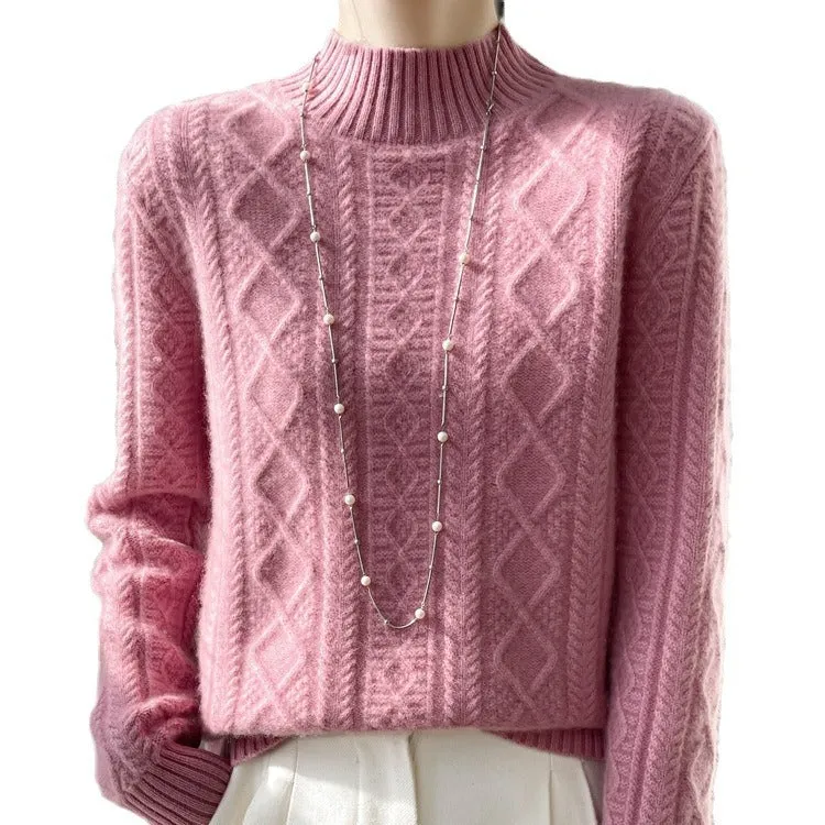 Damen Kuscheliger Mohair‑Optik Mockneckpullover mit Rautenzopfstruktur und kastiger Silhouette Nord Taschen
