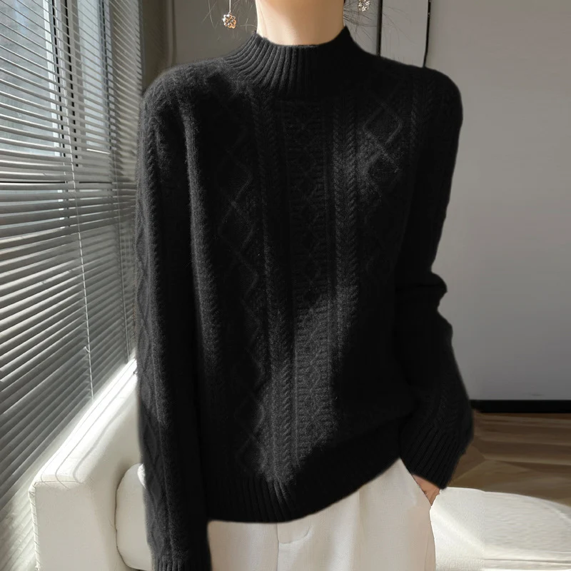 Damen Kuscheliger Mohair‑Optik Mockneckpullover mit Rautenzopfstruktur und kastiger Silhouette Nord Taschen