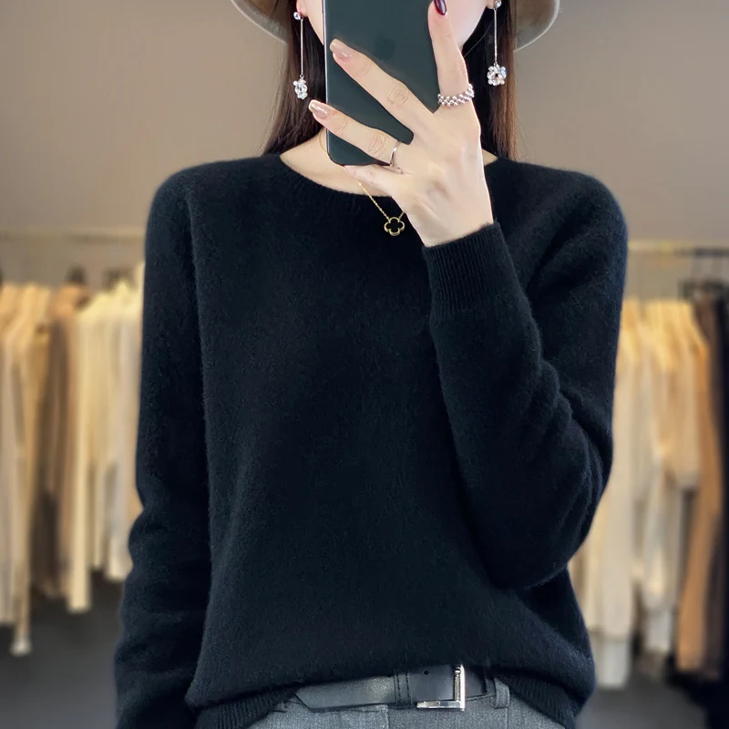 Damen Kuscheliger Midweight Rundhals-Pullover aus Angora-Blend mit feinem Flor und schmalem Bündchen Nord Taschen