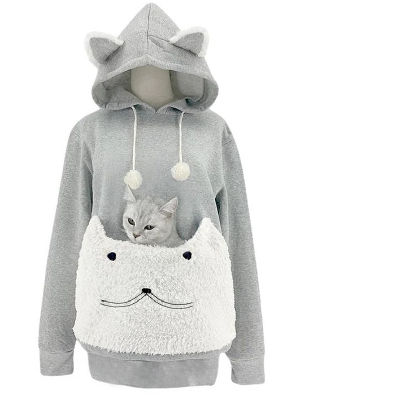 Damen Kuscheliger Kapuzenpullover mit Katzenmotiv und praktischer Känguru-Tasche Avellé