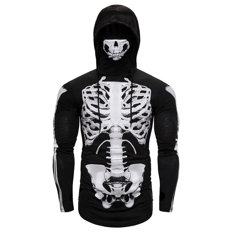 Herren Kapuzenpullover mit Skelett-Print, integriertem Multifunktionstuch und taillierter Passform Nord Taschen
